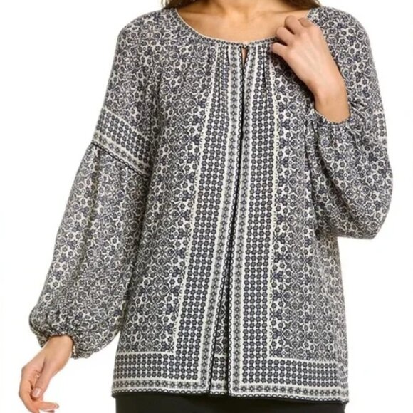 Max Studio Plus Size 1X 16-18 Boho Geometric Blouse Flowy Ivory Black Green - Picture 1 of 5